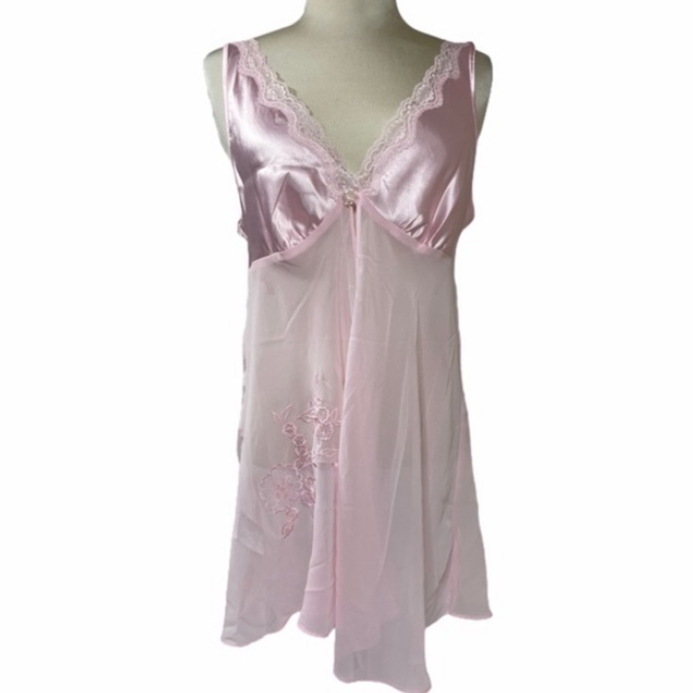 Sexy Silk Babydoll Nighty Romantic Sequins Embroidered Pink 80s 90s Y2K Lingerie - Picture 13 of 16